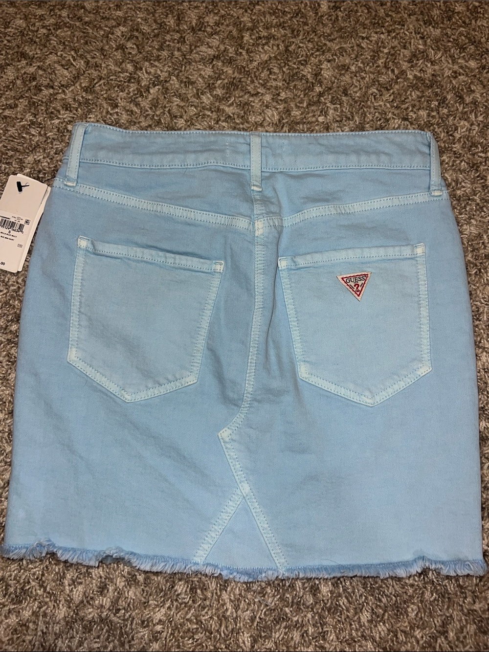 NWT!GUESS Light Blue Denim Mini Skirt with Raw Hem & Logo on Rear Vintage! Y2K!